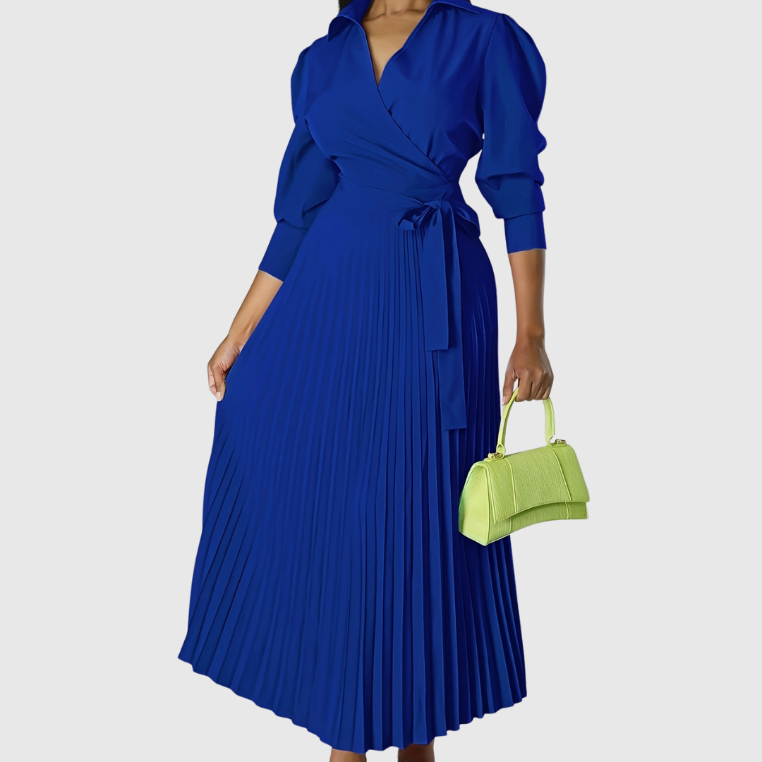 Women's Pleated Wrap Midi Dress with Tie Waist