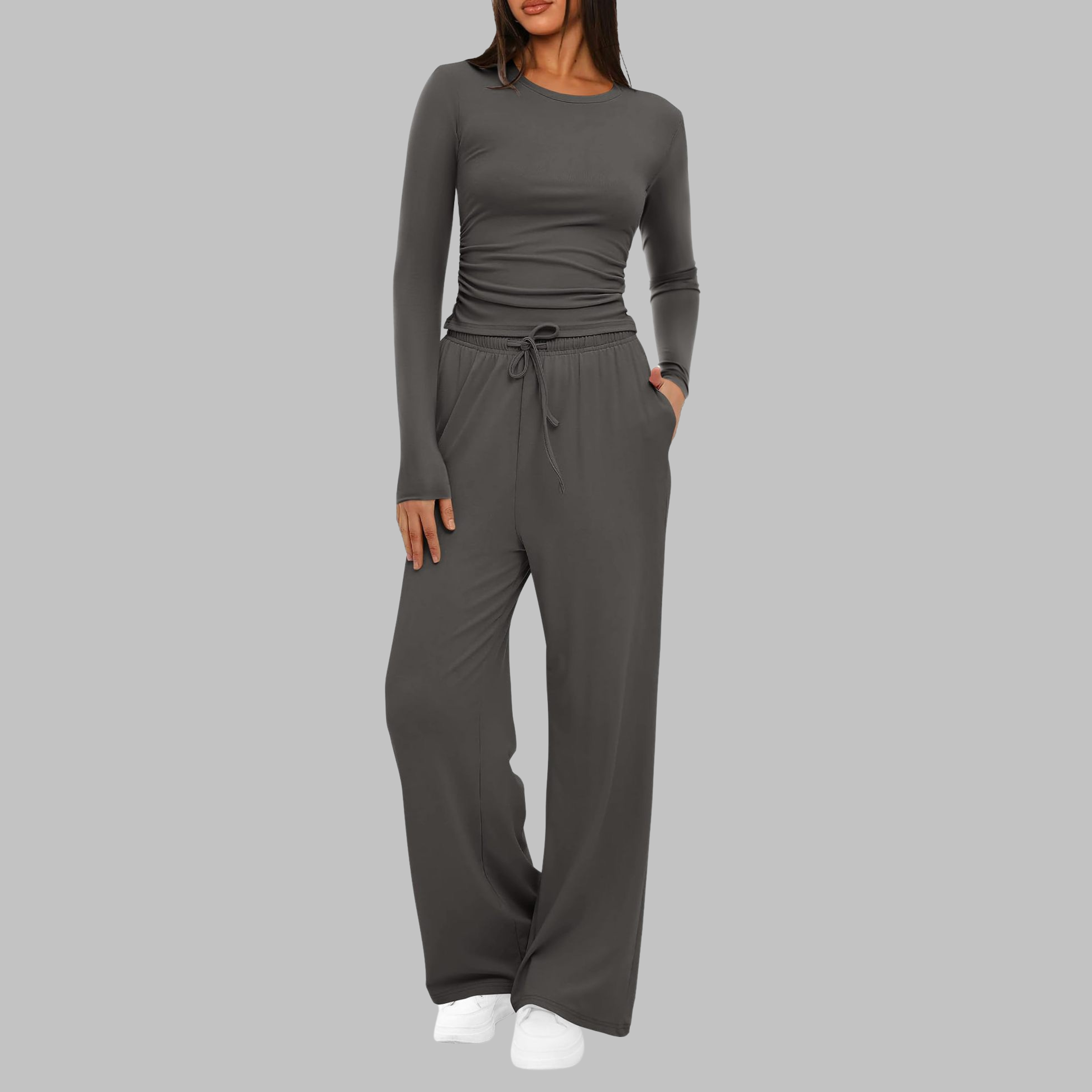 Conjunto de blusa de manga larga y pantalones de pierna ancha para mujer