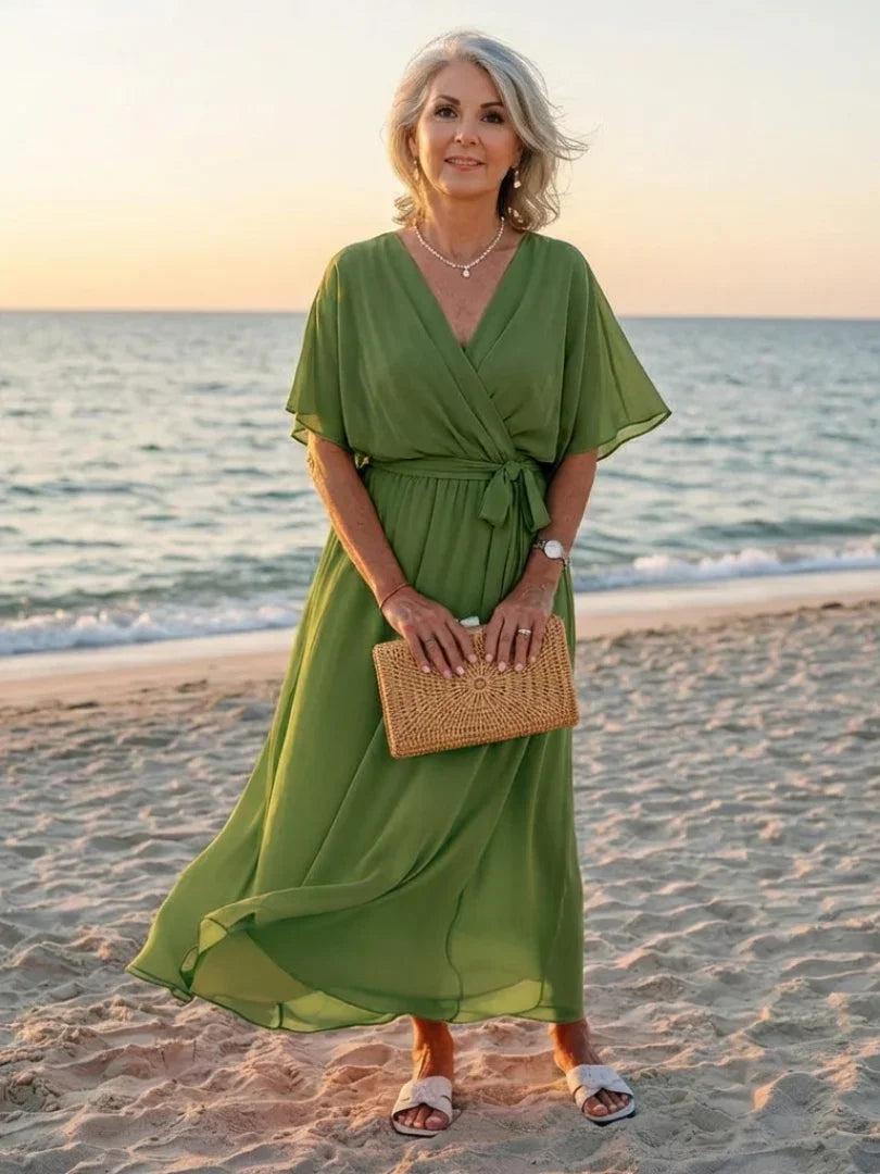 Women's V Neck Midi Dress with Waist Tie