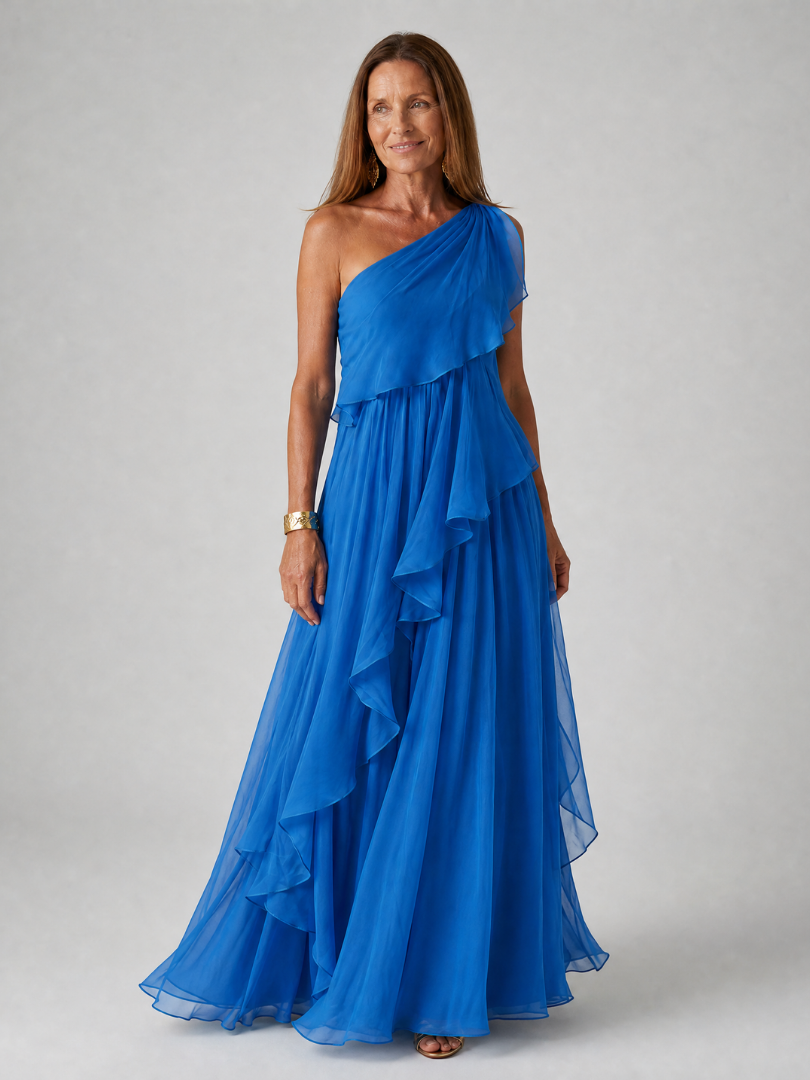 Robe maxi asymétrique pour femme avec volants en cascade