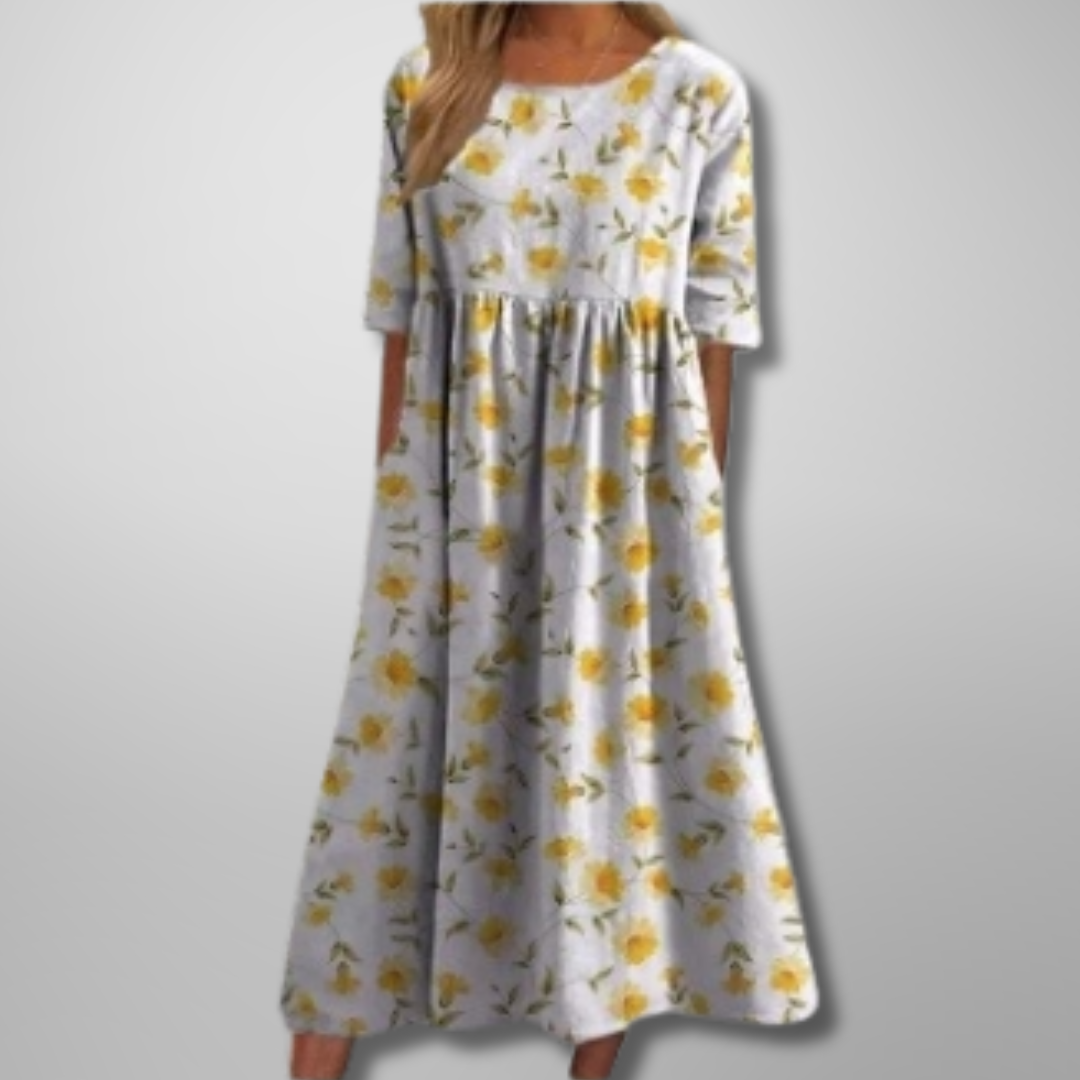 Women's Botanical Print Round Neck Loose Midi Dress