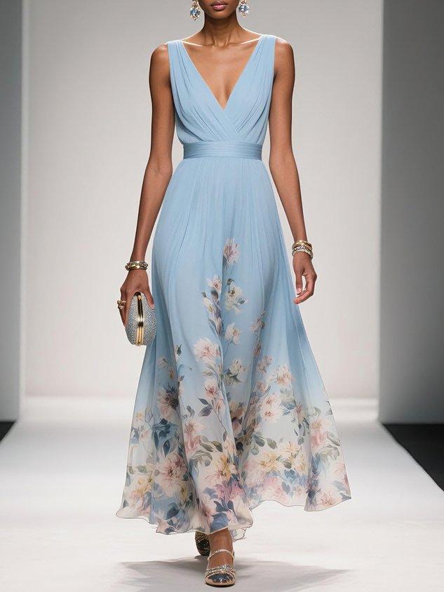 Robe midi fleurie à décolleté plongeant pour femmes