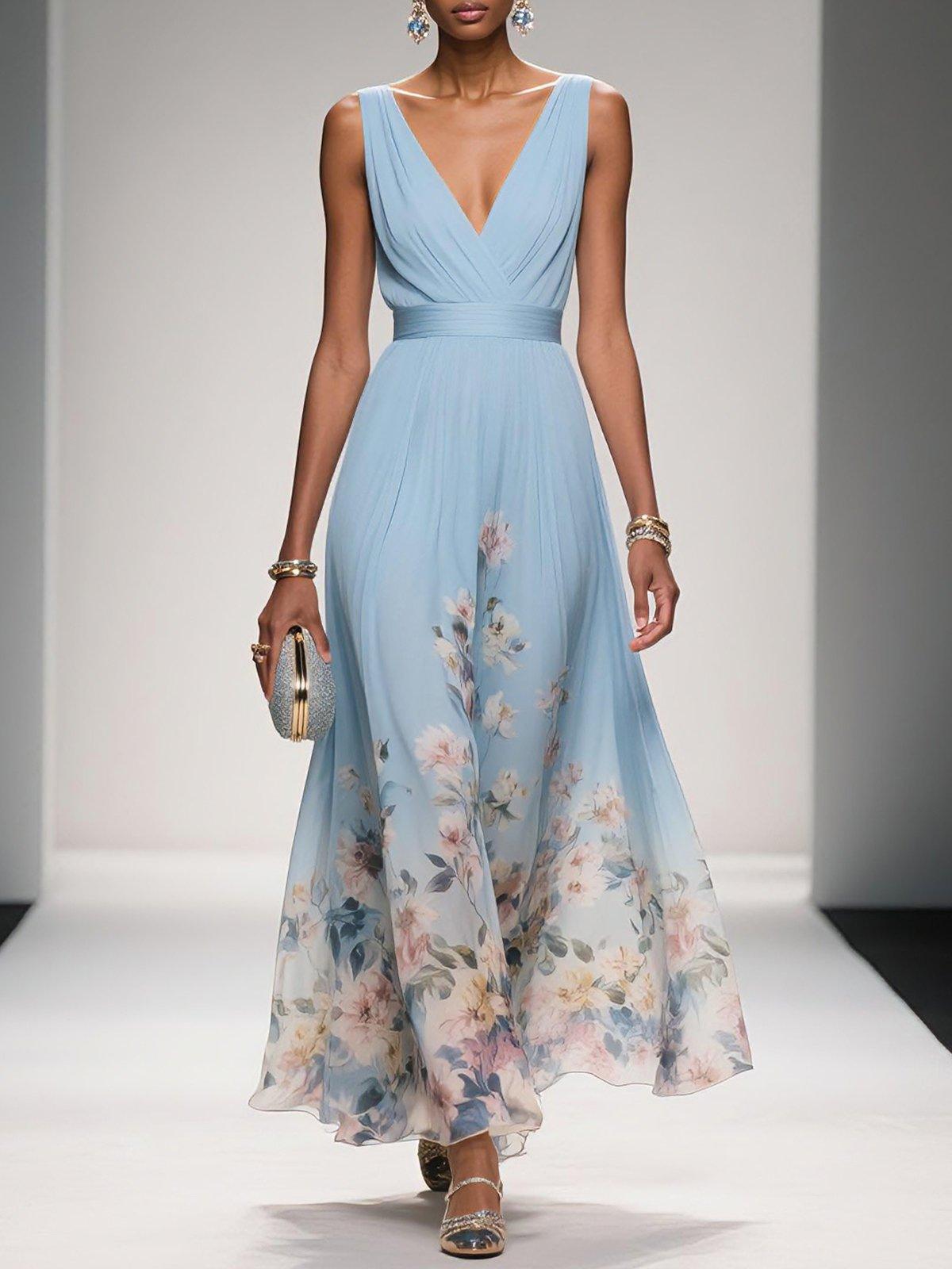 Robe midi fleurie à décolleté plongeant pour femmes