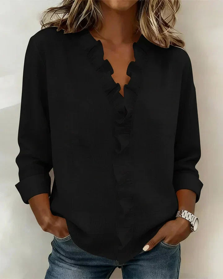Women's Ruffled V-Neck Long Sleeve Blouse