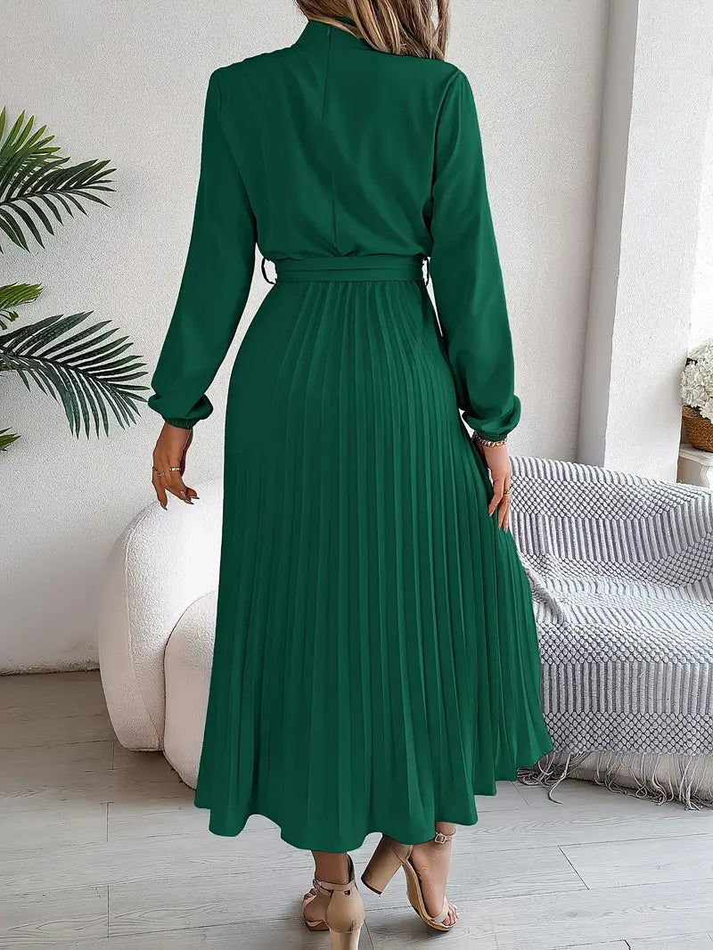 Robe midi plissée pour femme à col montant avec ceinture à nouer