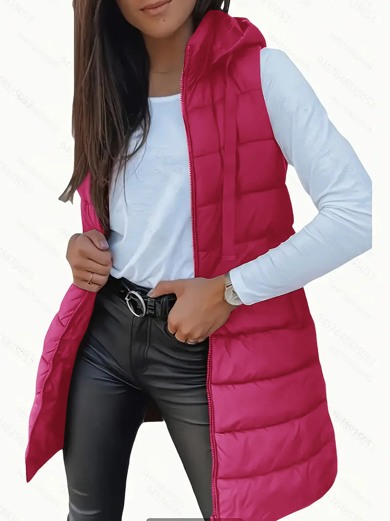 Women's Sleeveless Hooded Long Puffer Vest
