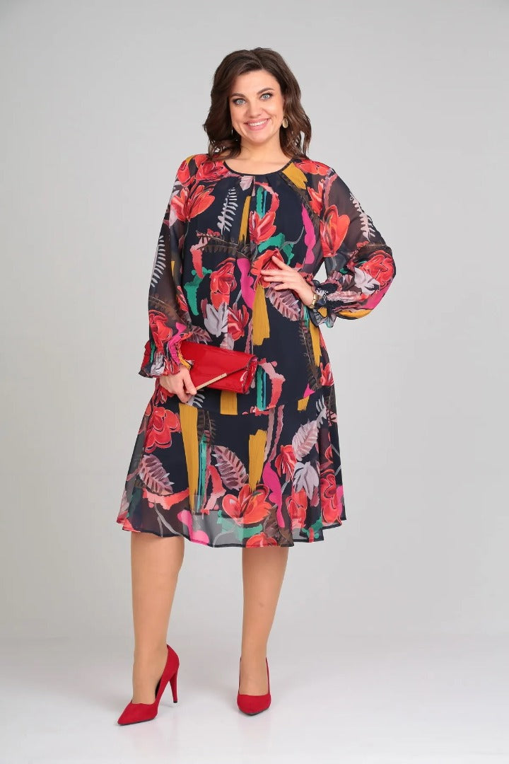 Robe évasée en chiffon à fleurs vives pour femme
