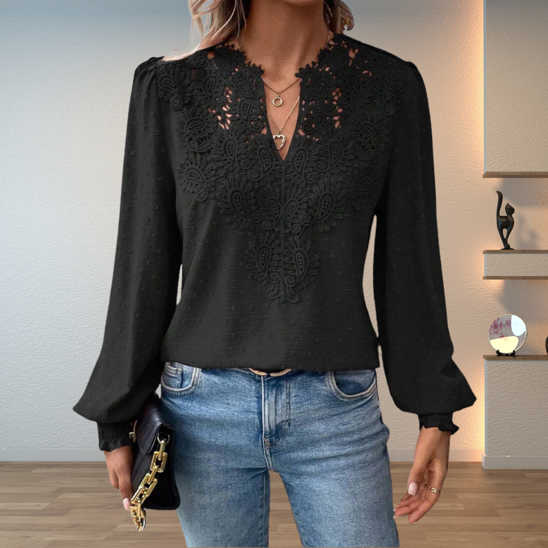 Blouse à manches longues pour femme avec col en V et broderie