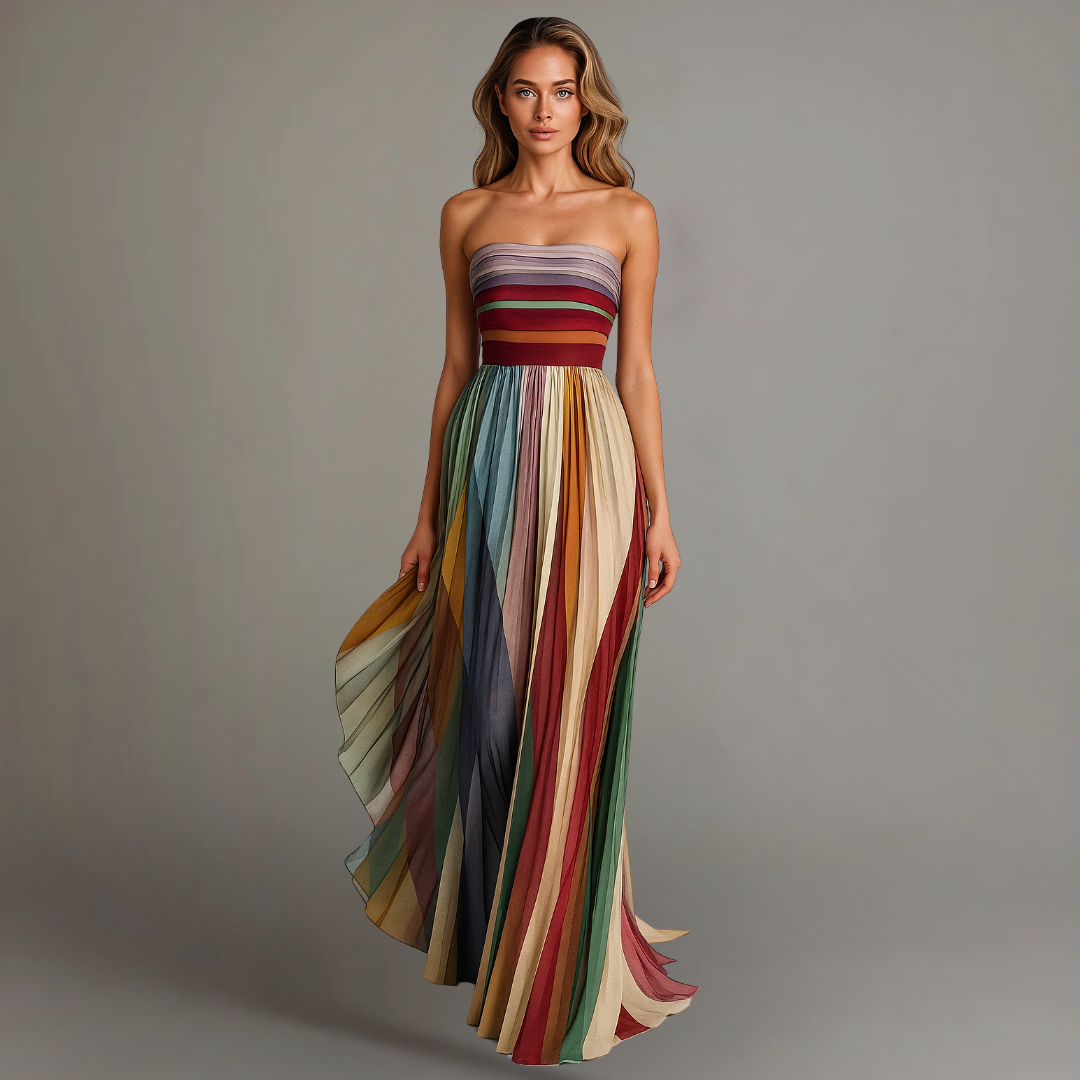 Robe longue plissée bohème multicolore sans bretelles