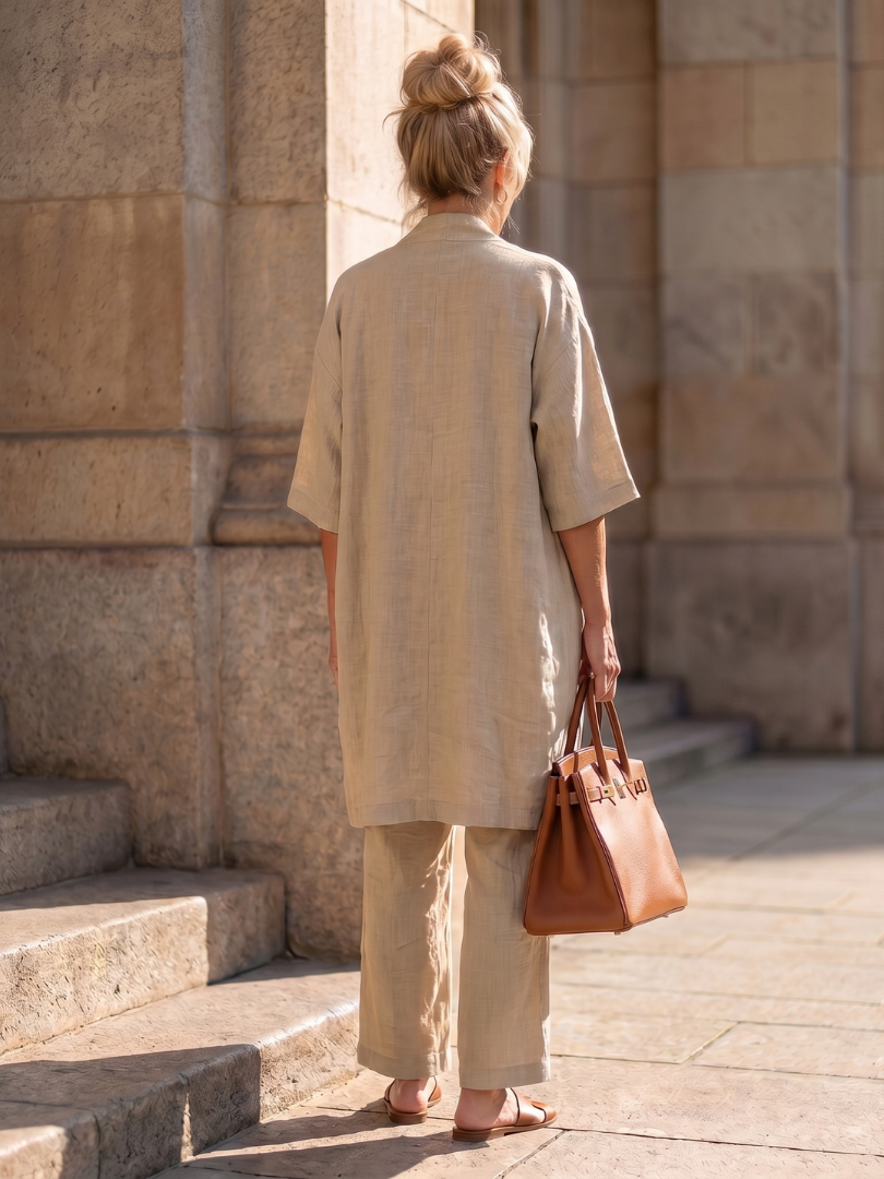 Ensemble détente trois pièces pour femme avec cardigan ouvert