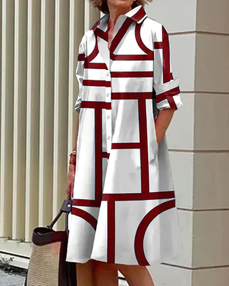 Abito midi da donna con tasche e stampa geometrica