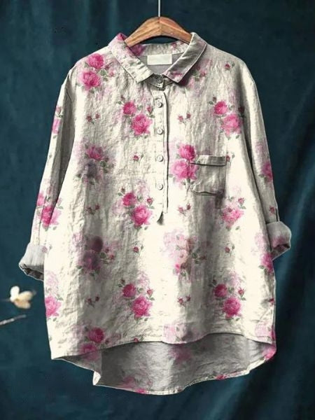 Printed Button-Up Shirt Women Loose Fit Floral Style