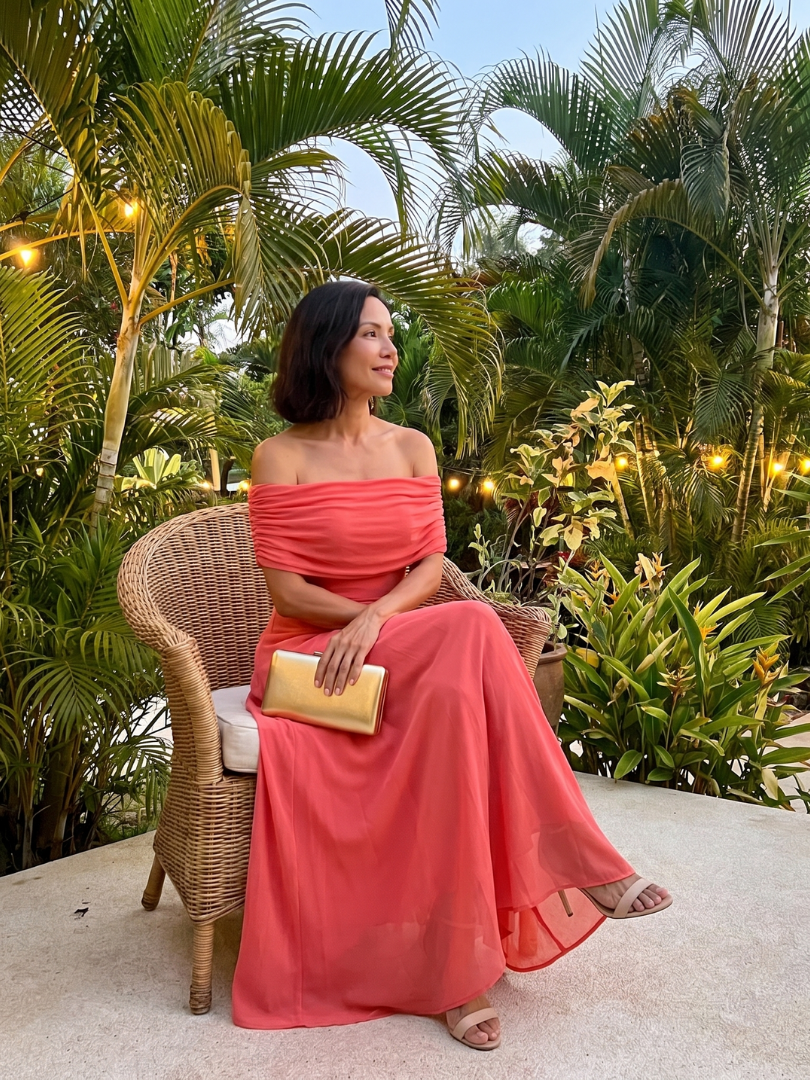Women's Off Shoulder Midi Dress with Draped Bodice