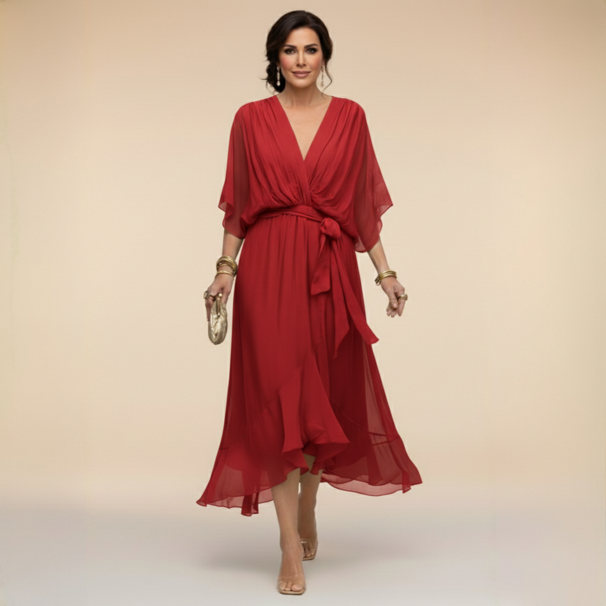 Women's Midi Dress with V-Neck and Adjustable Waist