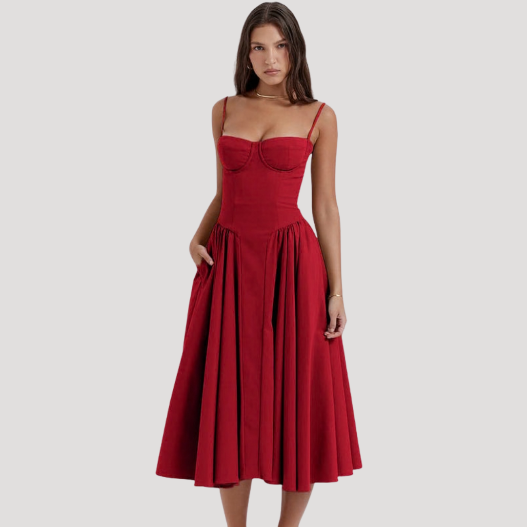 Women's Sweetheart Corset Bodice Midi Dress with Full A-Line Skirt