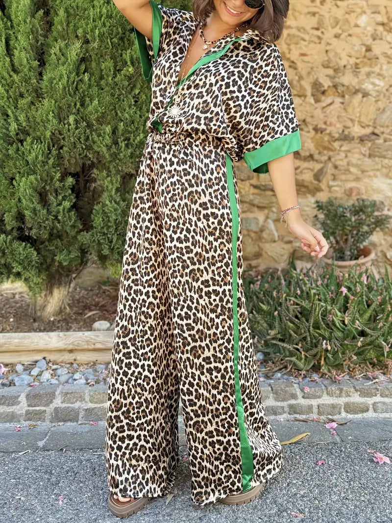Women's Leopard Print Wide Leg Jumpsuit with V-Neck