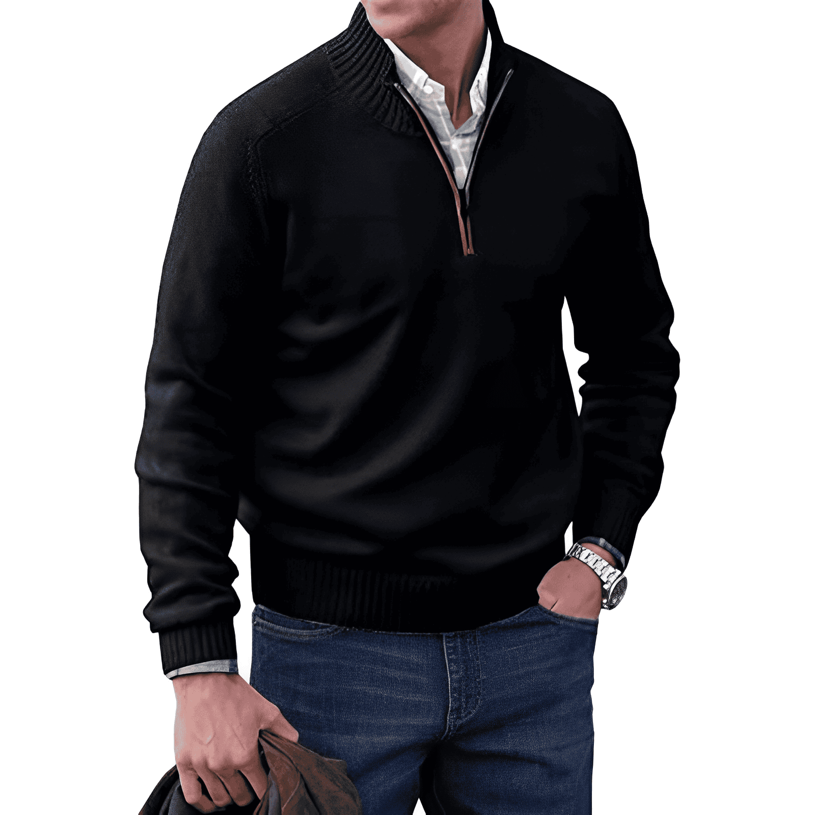 Maglione da uomo con zip a un quarto e dettagli a coste