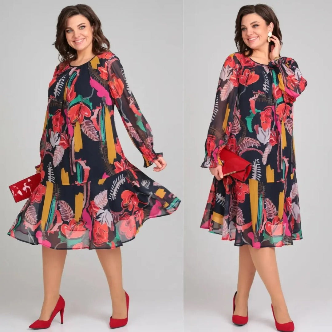 Robe évasée en chiffon à fleurs vives pour femme