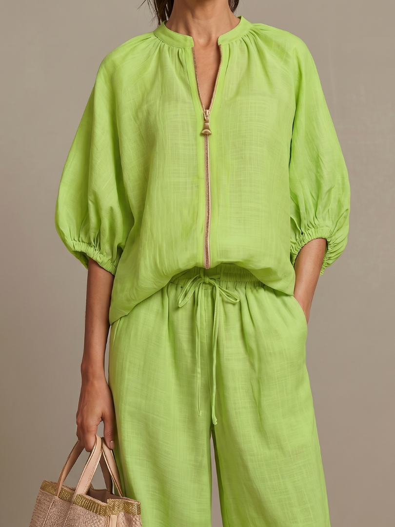 Women's Zip Front Blouson Top Wide Leg Set