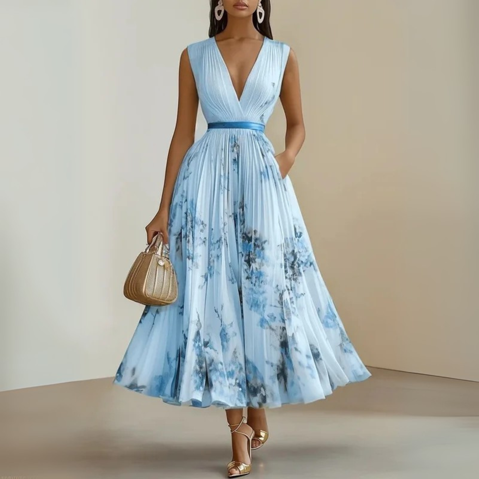 Robe maxi plissée sans manches à col en V pour femme