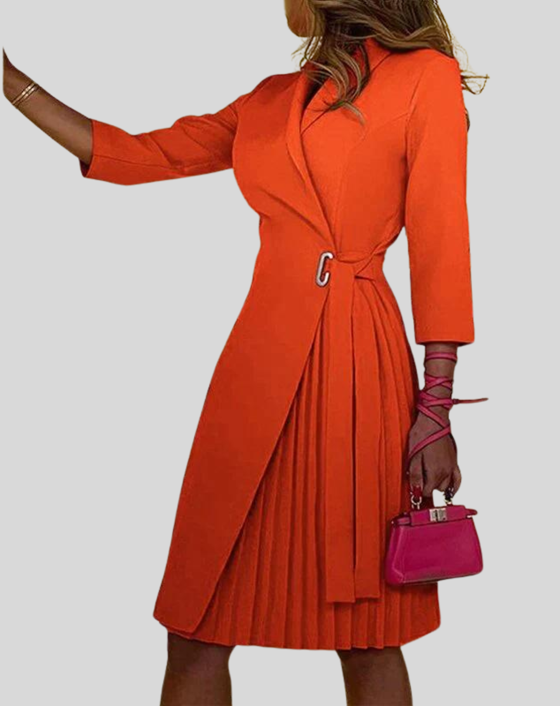 Women's Long Sleeve Belted Pleated Midi Dress