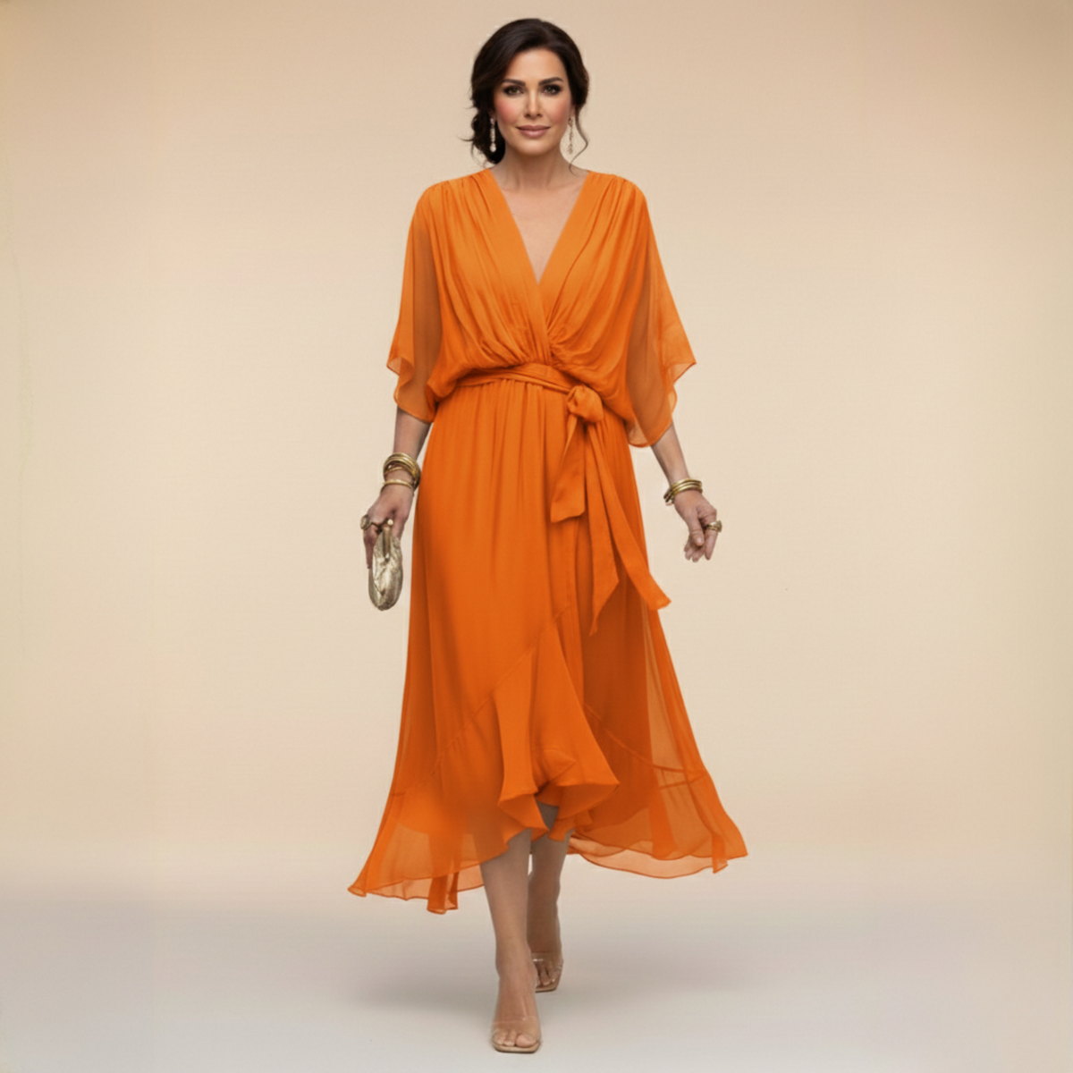 Women's Midi Dress with V-Neck and Adjustable Waist