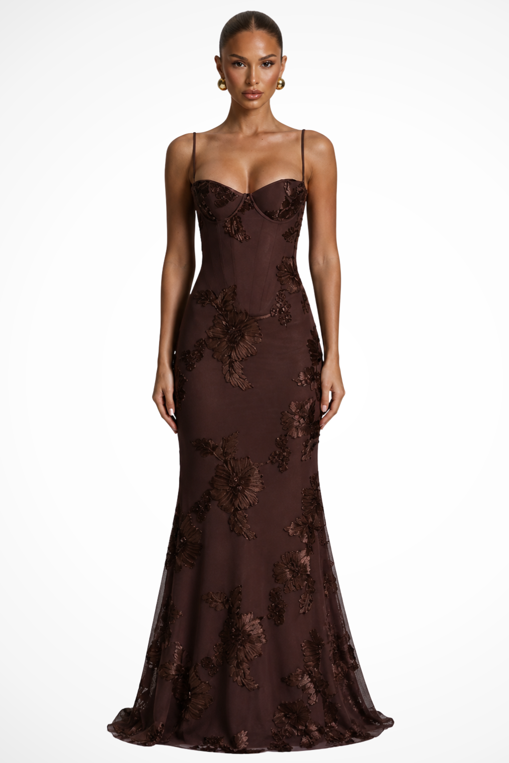 Robe longue corset brodée de fleurs pour femme avec bretelles fines