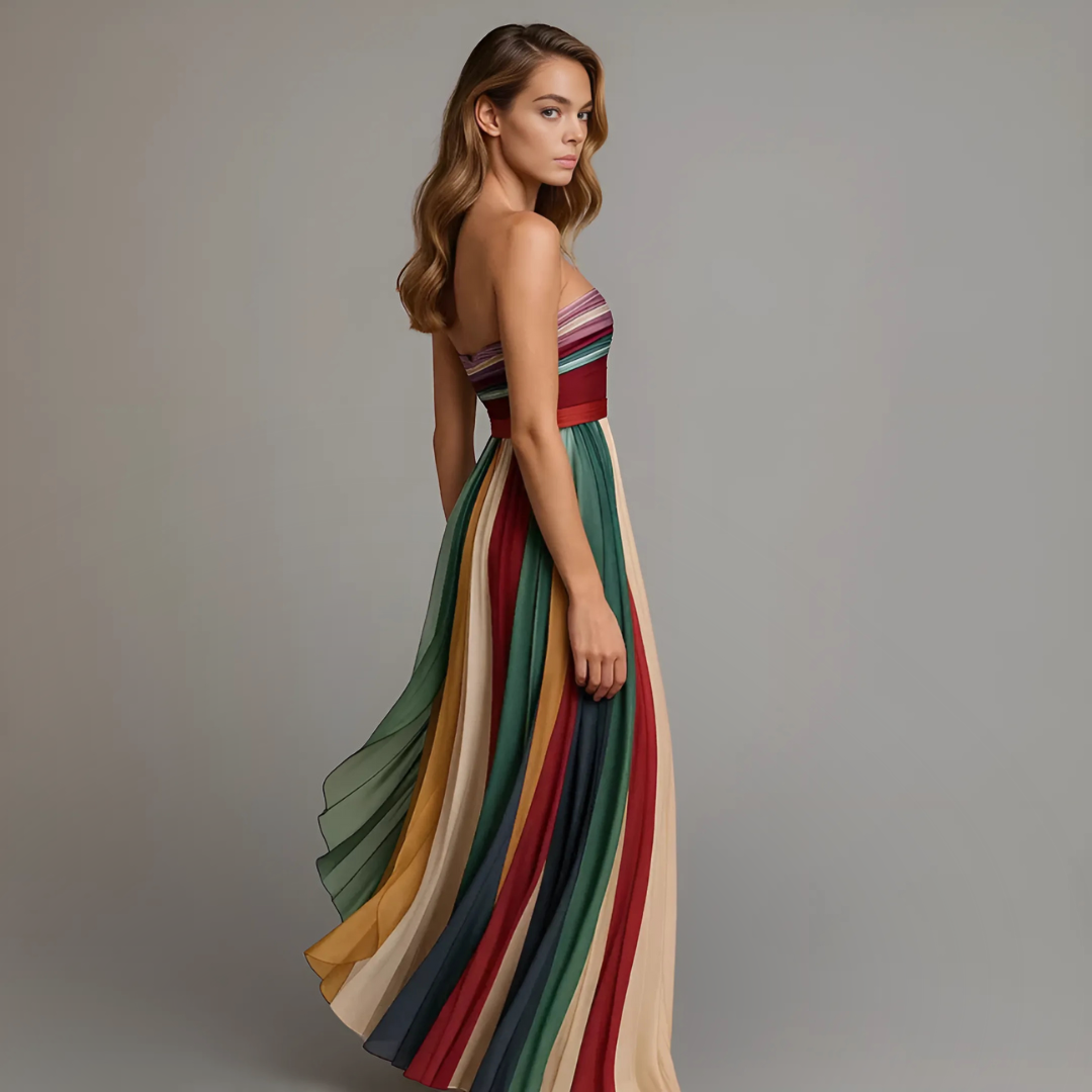 Robe longue plissée bohème multicolore sans bretelles