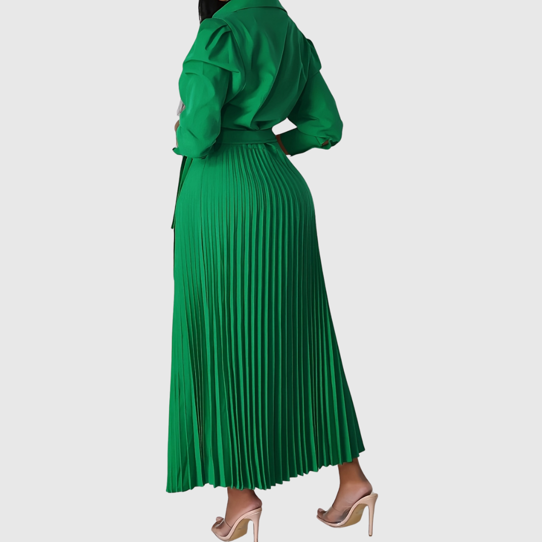 Women's Pleated Wrap Midi Dress with Tie Waist