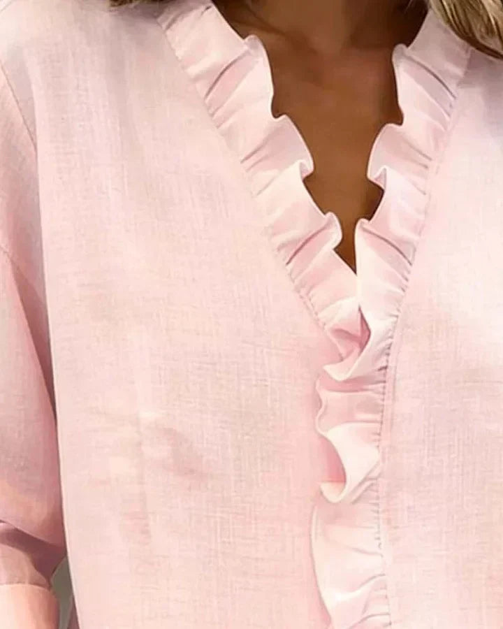 Women's Ruffled V-Neck Long Sleeve Blouse