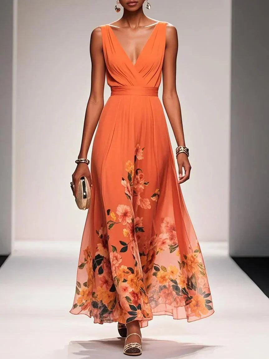 Robe midi fleurie à décolleté plongeant pour femmes