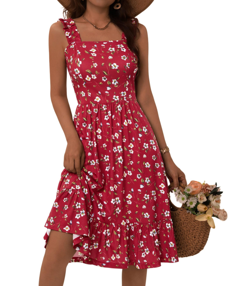 Abito midi da donna a linea ad A con scollo quadrato