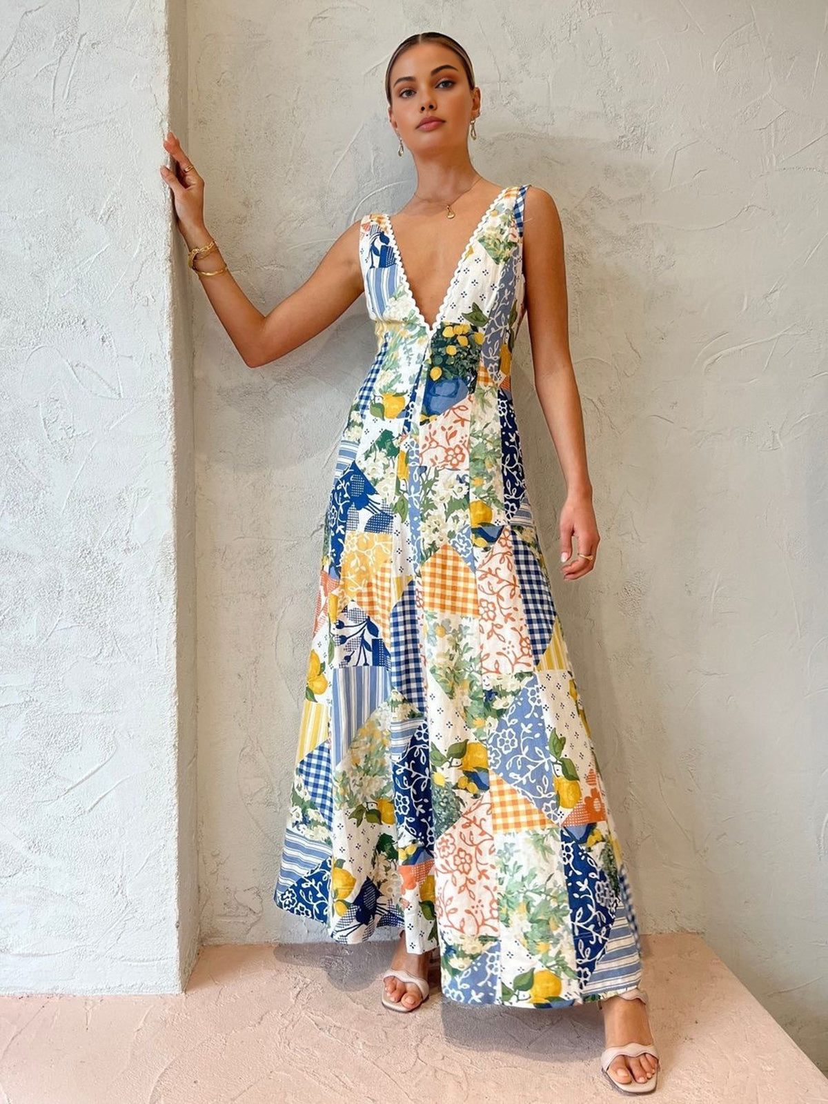Elegant Patchwork V-Neck Maxi Dress Bohemian Style