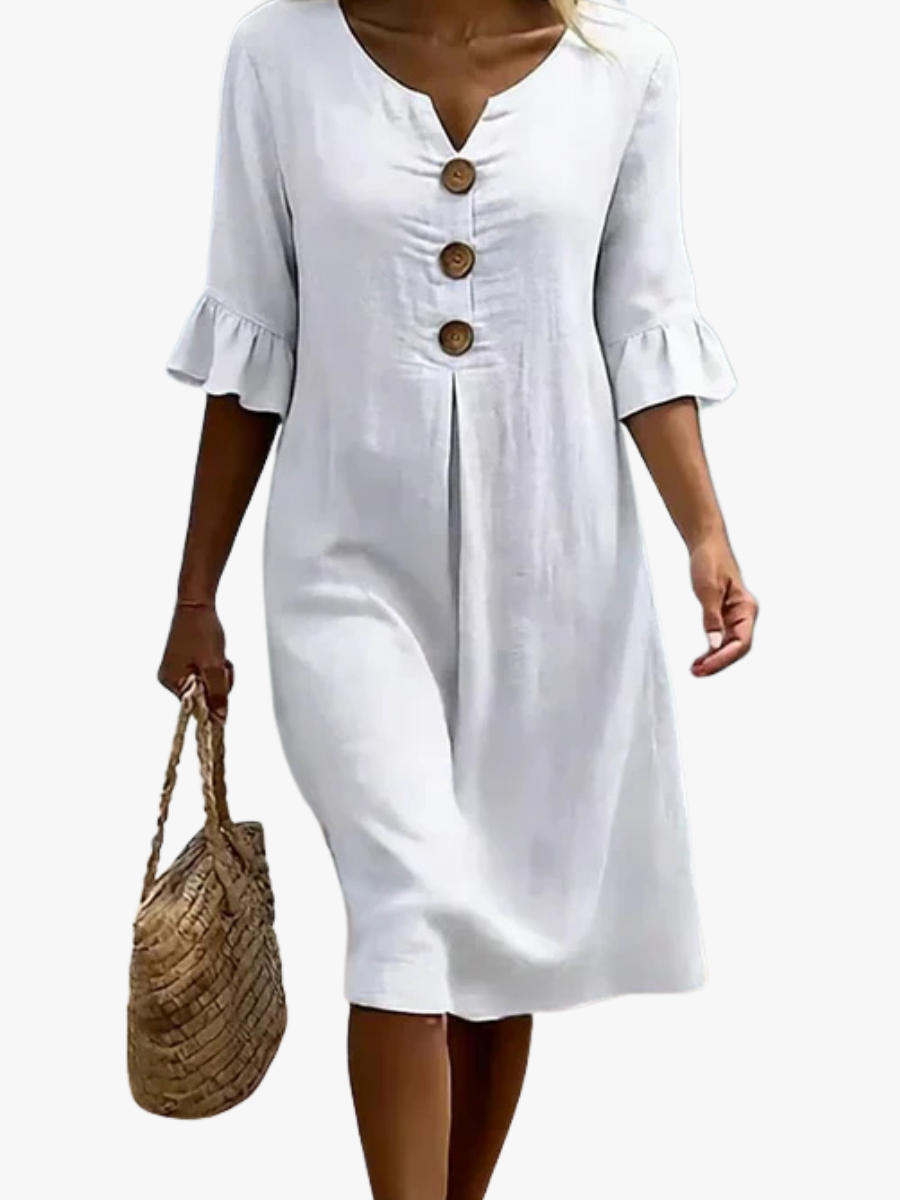 Robe midi pour femme à col en V, boutonnée sur le devant, avec manches à volants