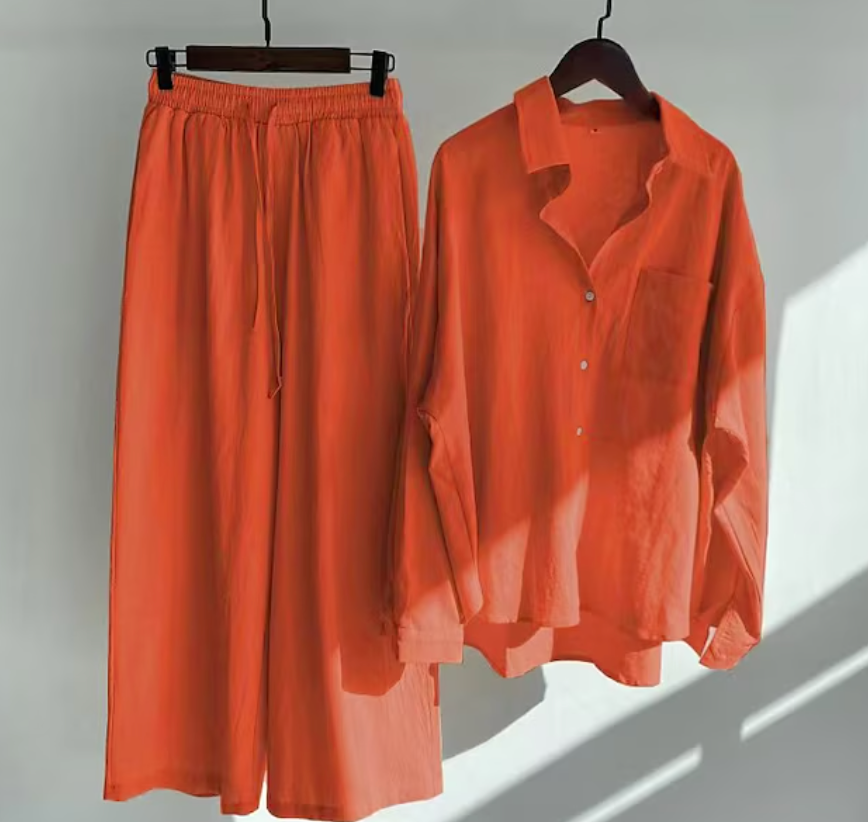 Ensemble coordonné chemise décontractée boutonnée et pantalon à jambes larges