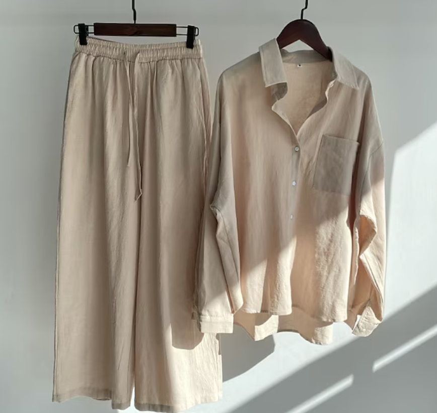 Ensemble coordonné chemise décontractée boutonnée et pantalon à jambes larges