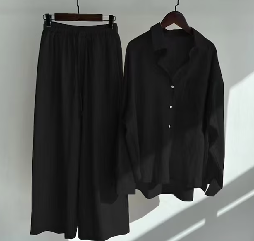 Ensemble coordonné chemise décontractée boutonnée et pantalon à jambes larges