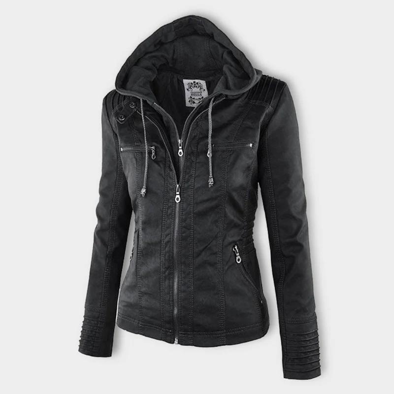 Giacca in pelle con cappuccio da donna con zip asimmetrica