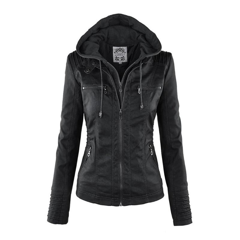 Giacca in pelle con cappuccio da donna con zip asimmetrica