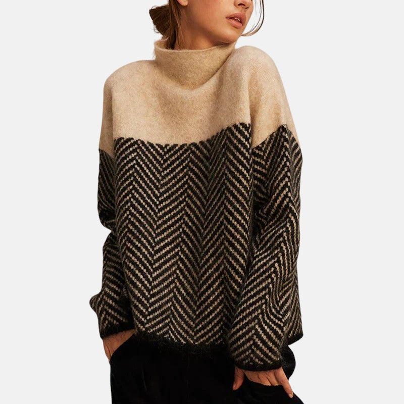 Women's Color Block Herringbone Relaxed Fit Sweater