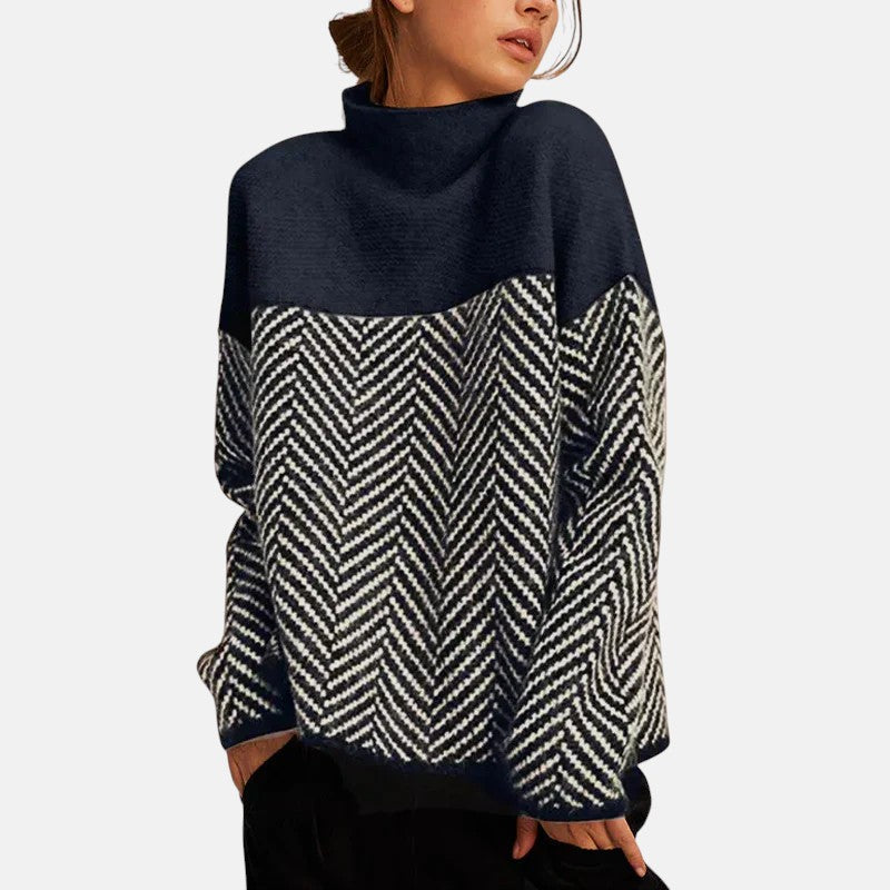 Women's Color Block Herringbone Relaxed Fit Sweater