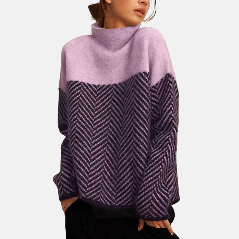 Women's Color Block Herringbone Relaxed Fit Sweater
