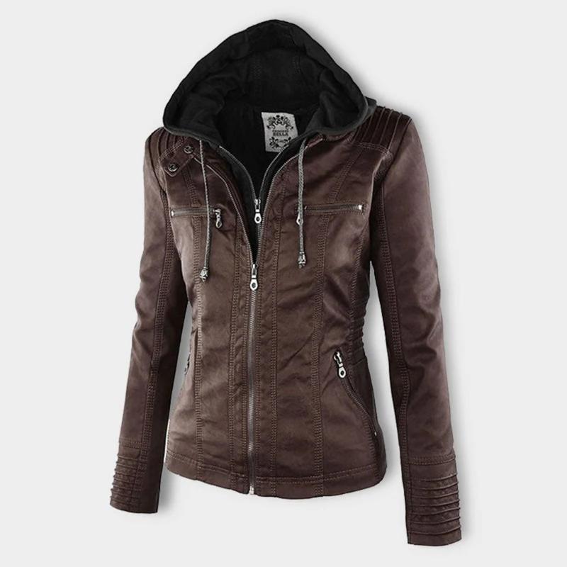 Giacca in pelle con cappuccio da donna con zip asimmetrica