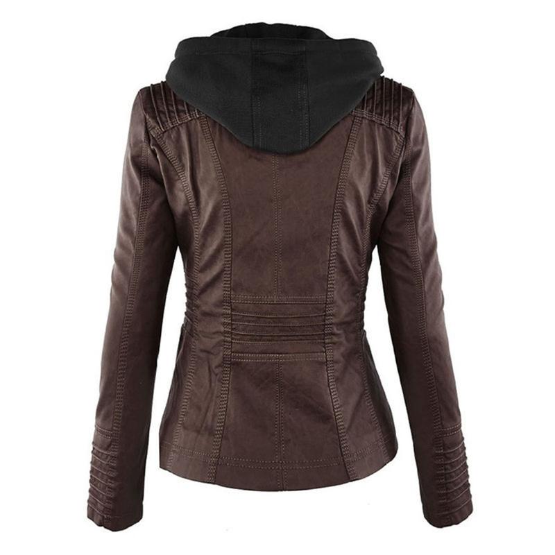 Giacca in pelle con cappuccio da donna con zip asimmetrica