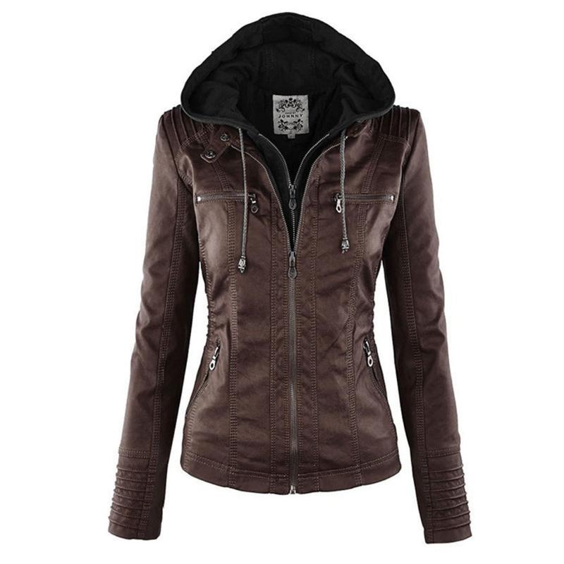 Giacca in pelle con cappuccio da donna con zip asimmetrica