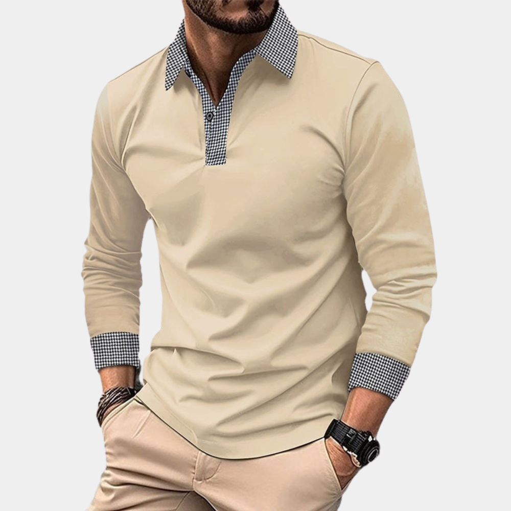 Men's Long-Sleeve Polo Shirt with Contrast Collar