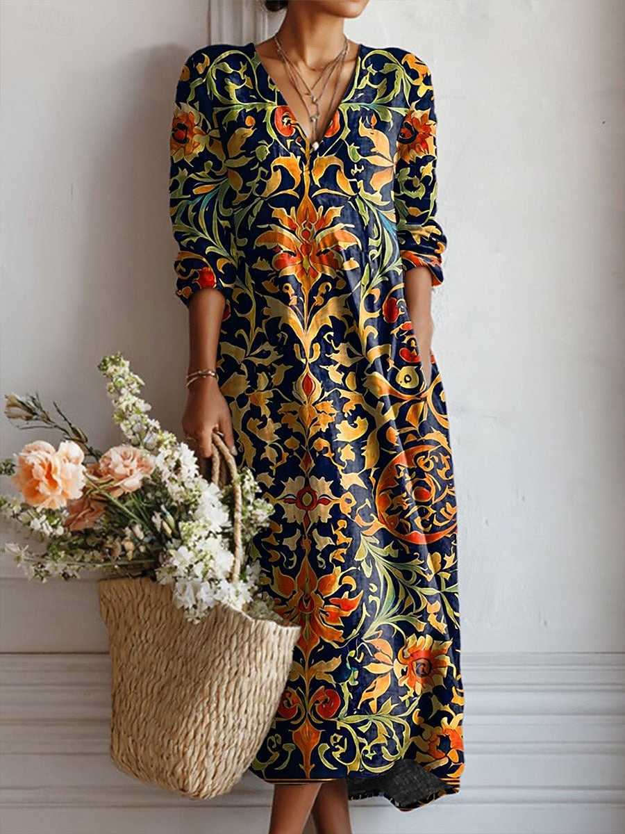 Robe midi à col en V à volutes baroques bohèmes pour femme