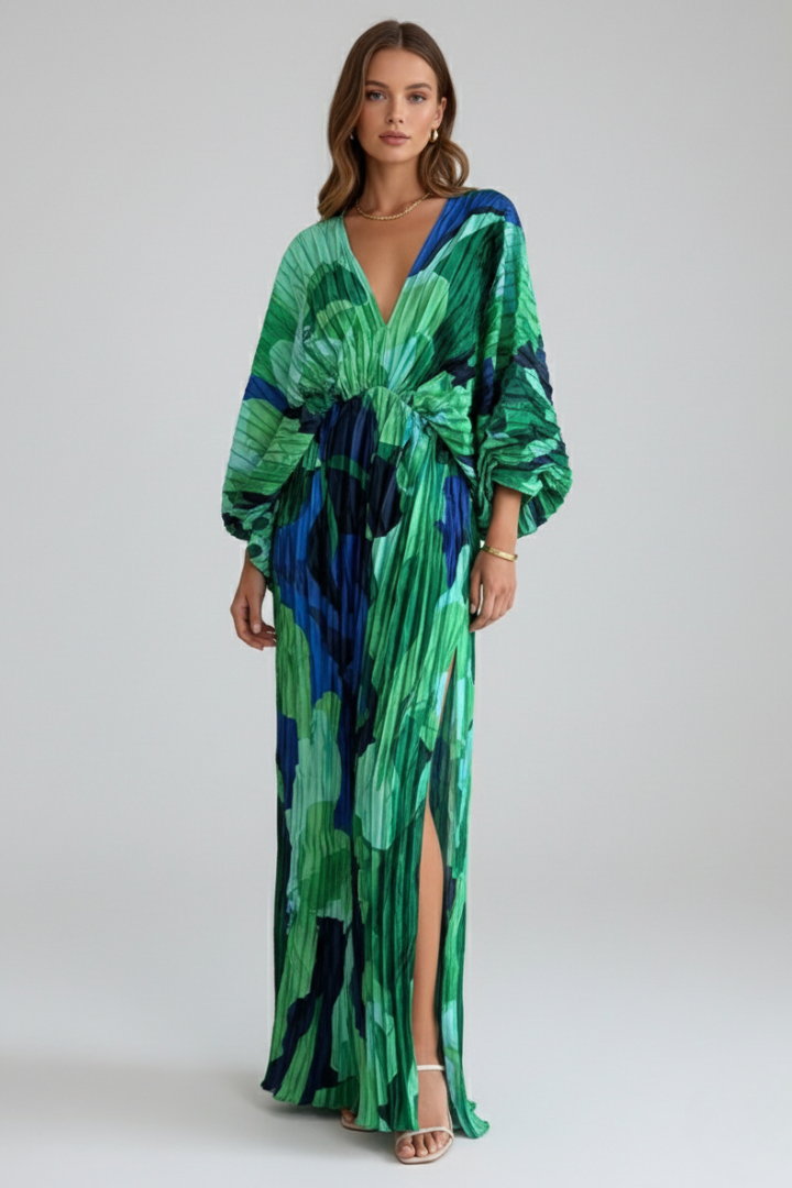 Robe Maxi Plissée Femme avec Décolleté en V et Fente Latérale
