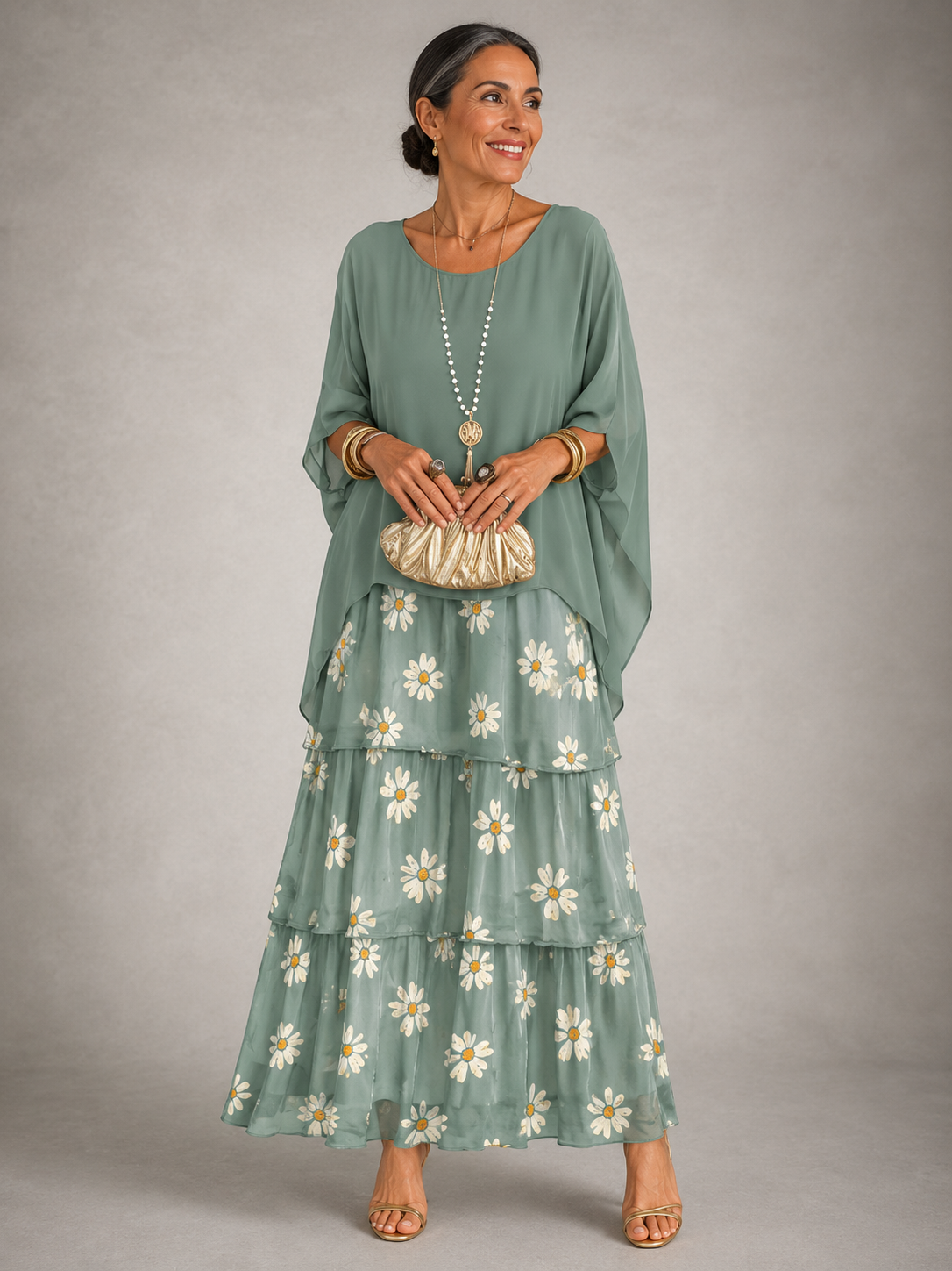 Robe maxi à couches pour femmes avec jupe fluide à volants