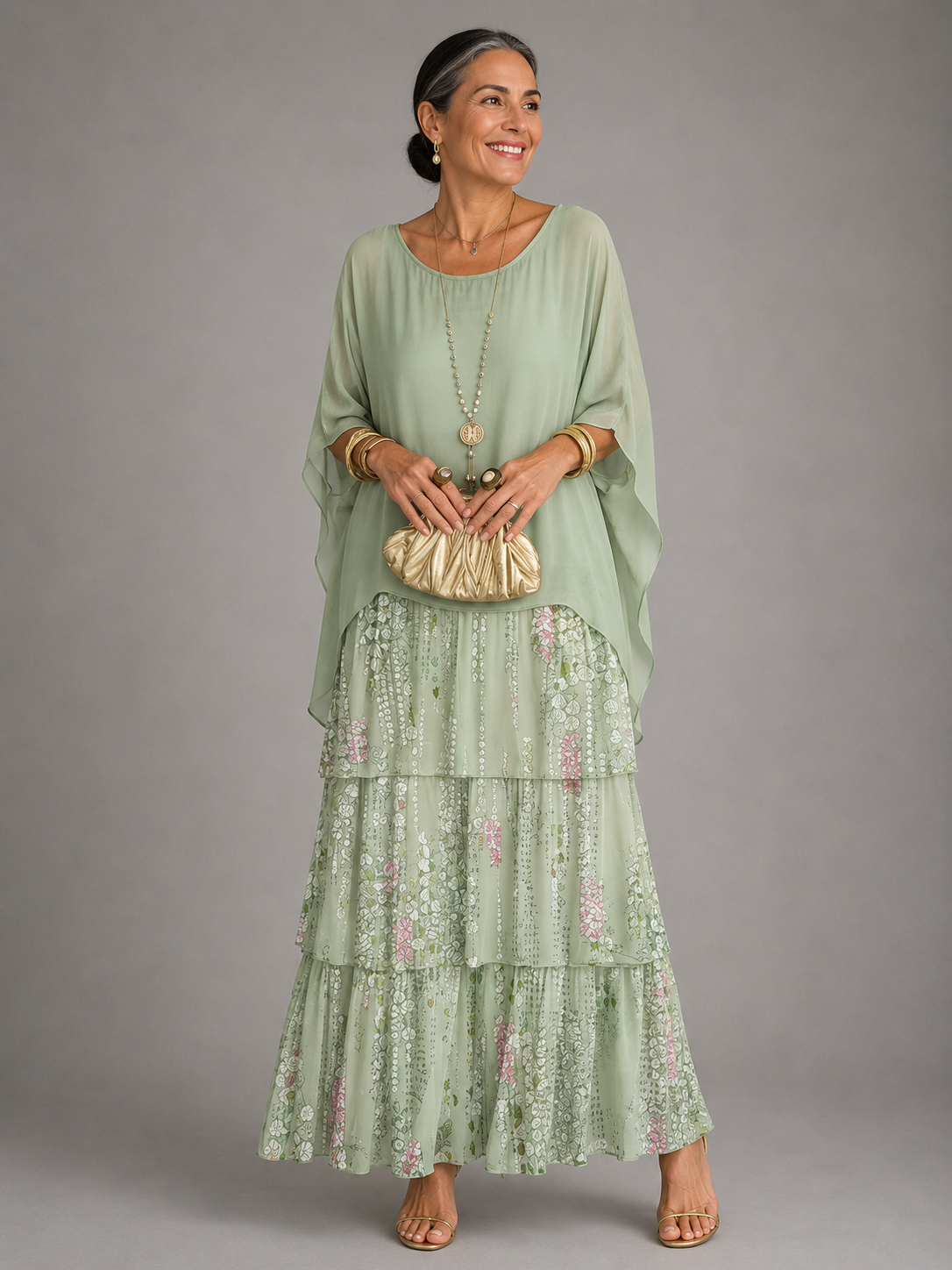 Robe maxi à couches pour femmes avec jupe fluide à volants